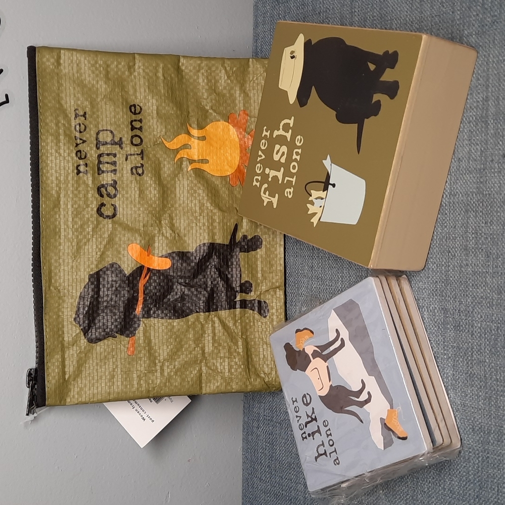 Camp Gift Set Box Sign Shelf Sitter Coasters Essentials Pouch Bag Dog Outdoors